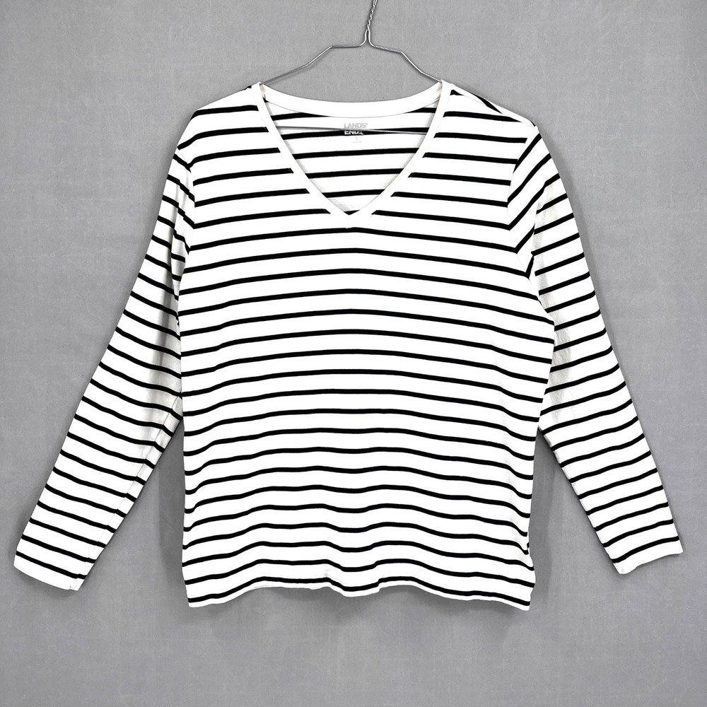 Lands' End Womens XL Striped V-Neck Top Long Sleeve White Black Cotton Breton